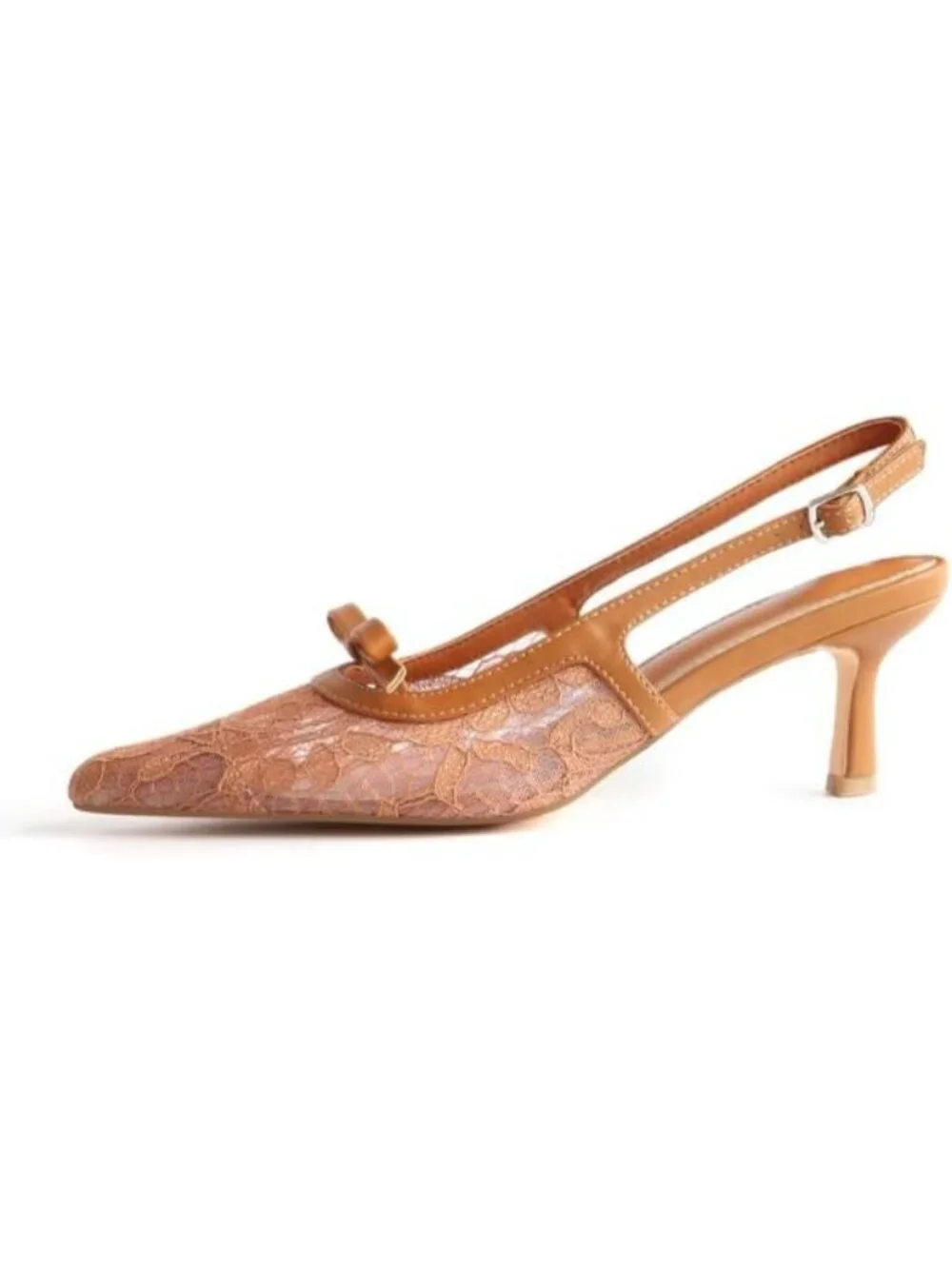 Women's Mesh Brown Kitten Heels with Bow Pointed Close Toe Pumps Dress Party
